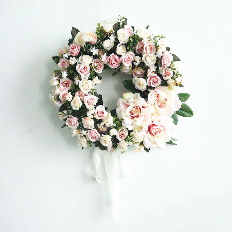 Flone Aritificial Door Knocker Simulation Silk Rose Flowers Wreath Foam Straw Garland For Wedding Home Party decoration (11)