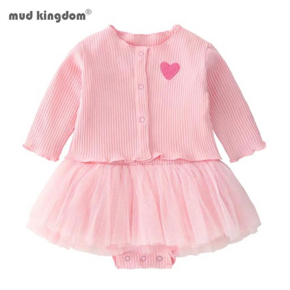 Mudkingdom Baby Girl 2pcs sets sólido romper romper tutu vestido de malha manga longa cardigan roupas bonitos 210615