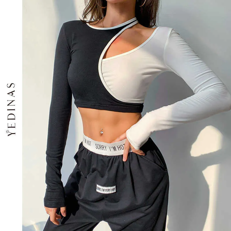 Yedinas Korean Color Contrast Patchwork Long Sleeve Cropped Tops Women Hollow Out Fake Two Pieces T Shirts Sexy Slim Streetwear 210527