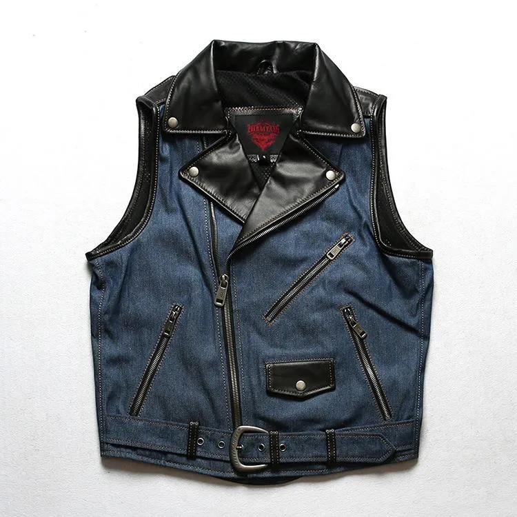 Men's Vests Mens Genuine Leather Denim Patchwork Motorcycle Biker Style Waistcoat/Vest Strong Breathable