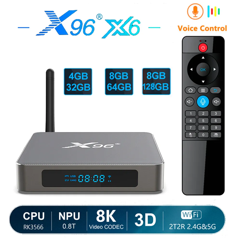 X96 X6 Android 11.0 TV Box 8GB 64GB 8G128G RK3566 Quad Core Smart Media Player 2.4G 5G Dual Band Wifi BT4.X Telecomando vocale Bluetooth Guscio in lega di alluminio TVbox 4G32G
