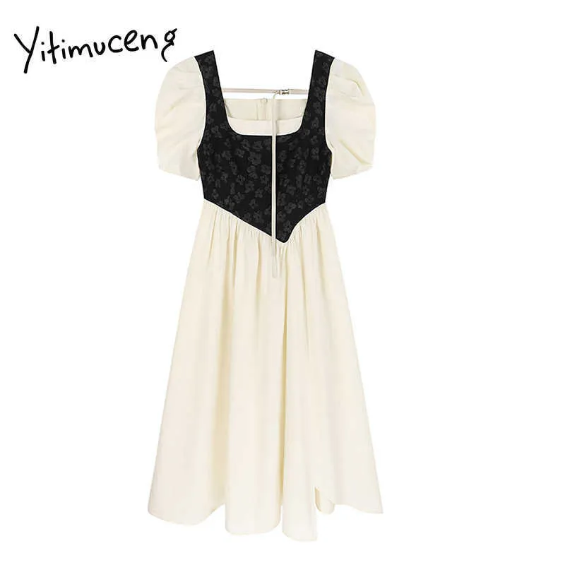 yitimuceng偽2ピースドレス女性夏のハイウエストパフスリーブAラインパッチワーク服韓国のファッションミディドレス210601