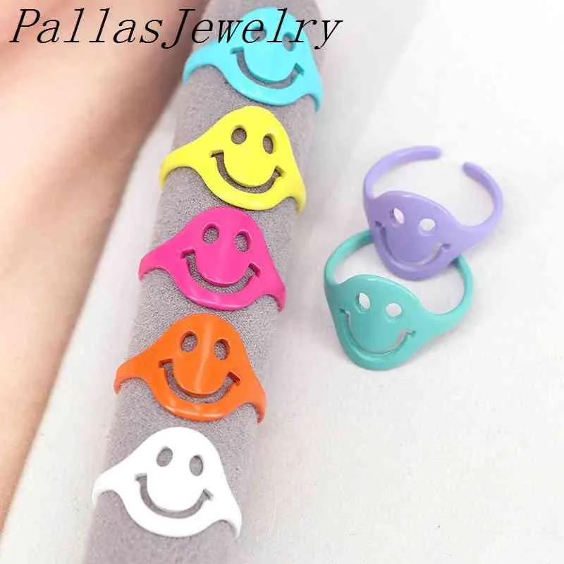 10 pcs 2021 Moda Estilo de Verão Feliz Rosto Neon Cores Sorriso Esmalte Mulheres Ajustável Latão Anel