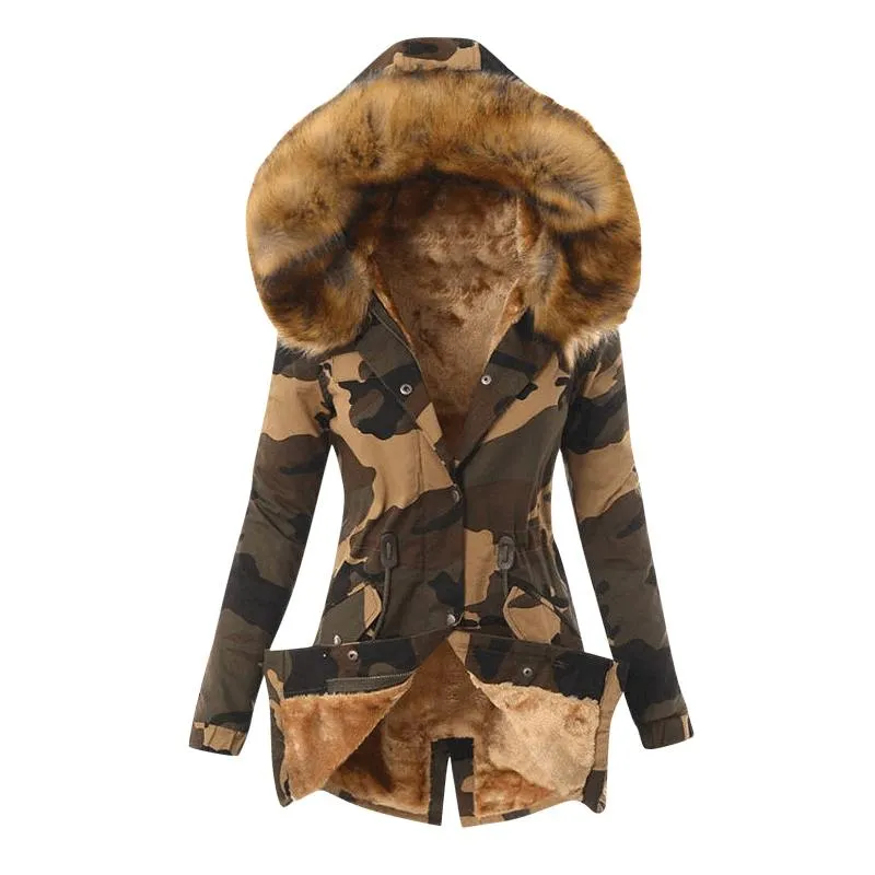 Plüsch Camouflage Parker Parka Mode Einstellbare Taille Pelz Kragen Winter Jacke Frauen Langarm Mit Kapuze Mantel