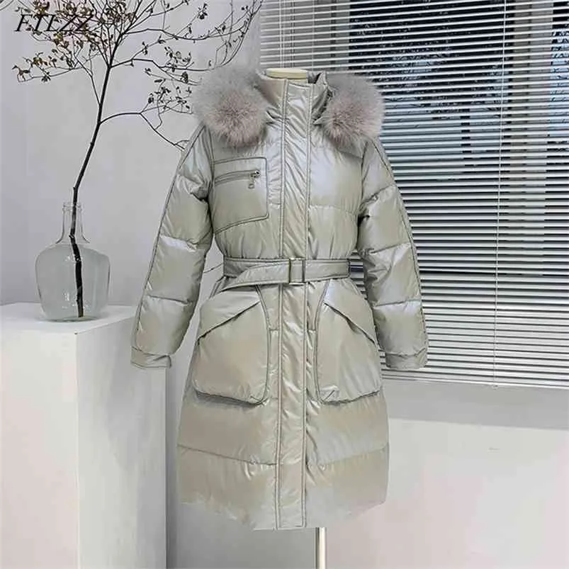 Dames Shiny Bright Leather Down Jacket Hooded Parka White Duck Coat Winter Dikke Warm Lange Bovenkleding 210430