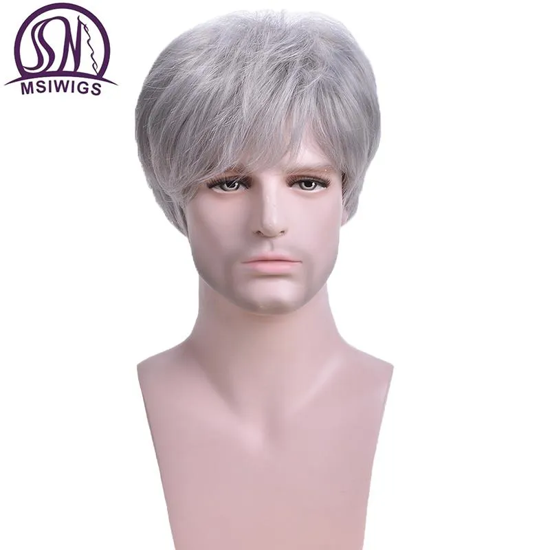 Perruques synthétiques MSIWIGS Perruque courte gris argenté Cheveux pour hommes Personnes âgées Raides pour les personnes âgées de couleur blanche