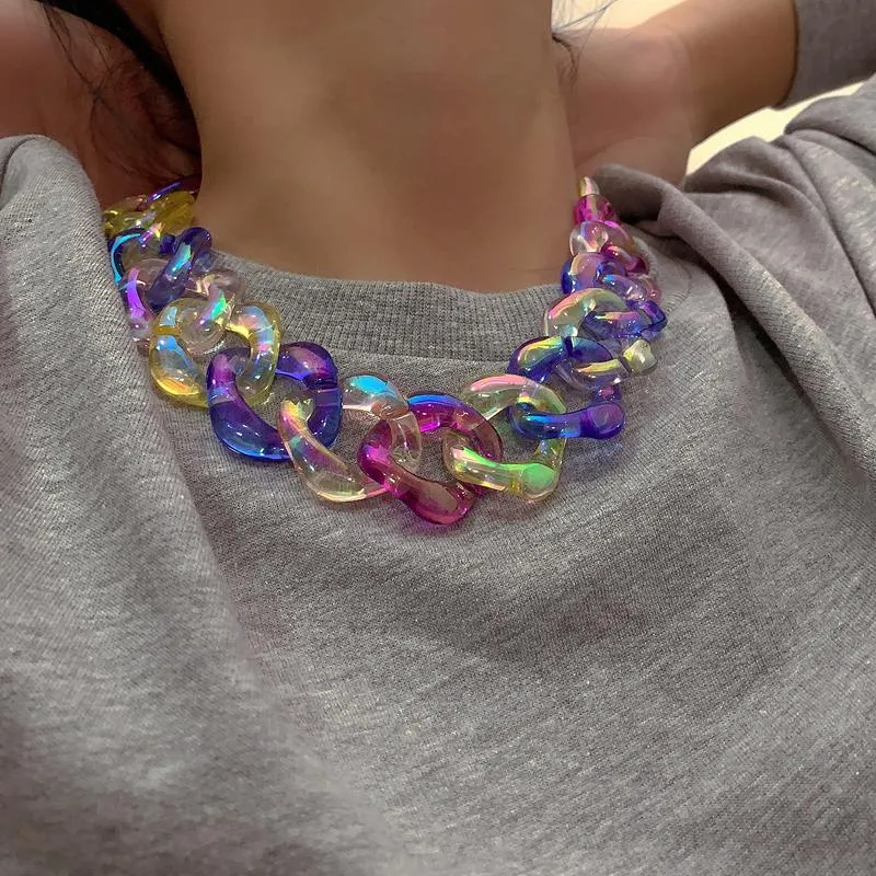 Rainbow -Color Chunky Akrylowy Łańcuch Choker Naszyjnik Lucit Oświadczenie Naszyjniki dla Kobiet Moda Biżuteria 2021 Chokers