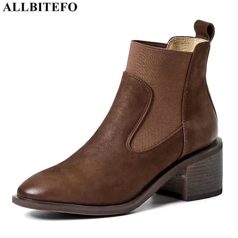 ALLBITEFO size 34-42 suede real genuine leather women boots round toe autumn fashion high heel shoes boots women's ankle boots 210611