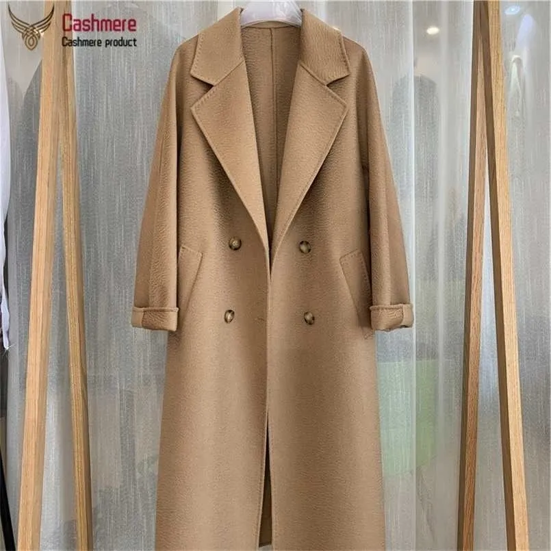 Winter Long Coat Female Wool Women Water Ripple Solid Autumn Loose Double Breasted 211110