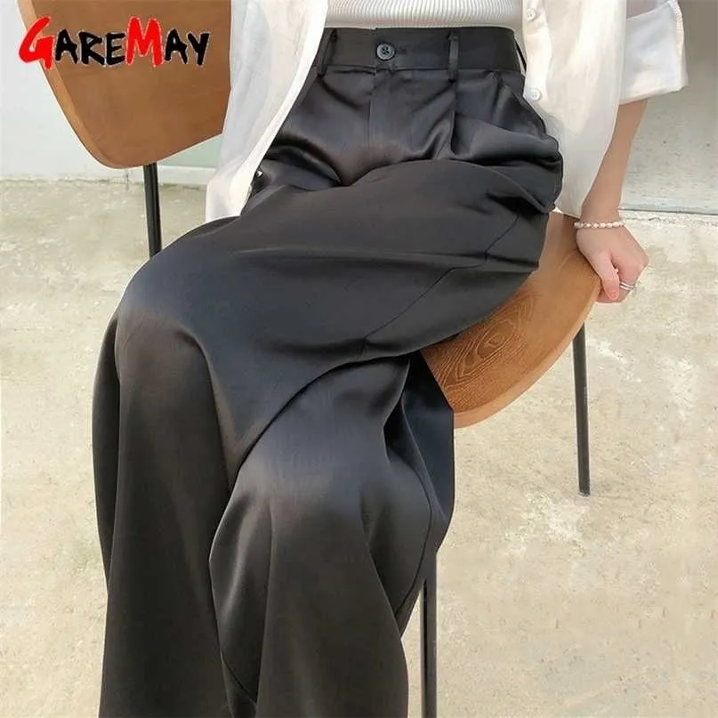 夏秋の女性のズボン緩い古典的な黒いストレートハイウエストカジュアル韓国のシルクサテンワイドレッグズボン211115