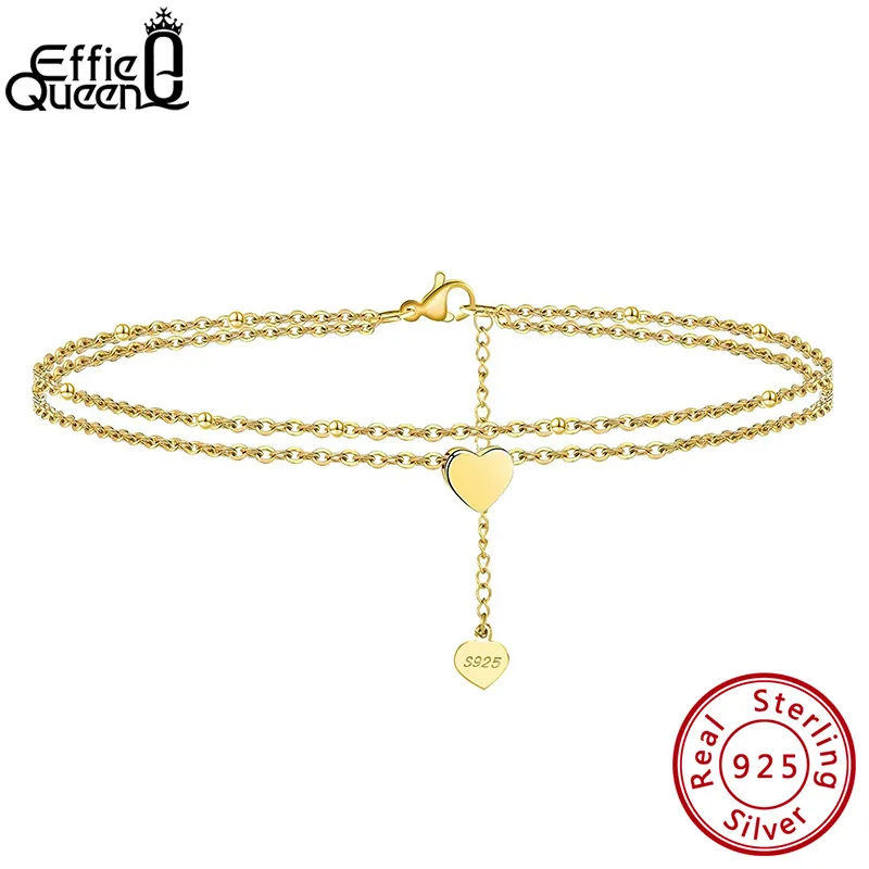 Effie Queen Satellite Turça 2 Camadas Cadeia Heart 925 Sterling Silver Anklets Verão Barefoot Jewelry SA17