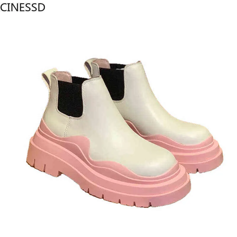 Boot Chelsea Real Leather Women Boots Platform Height Increasing Cow 11cm and 22cm Shaft Options Genuine Shoes 220310