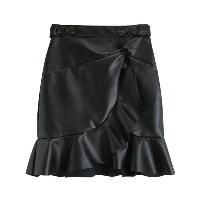 スカートシックなハイウエストスリム女性パッケージヒップフリルパッチワークミニレザースカート2021スプリングファッションエレガントなソリッドプージュペ