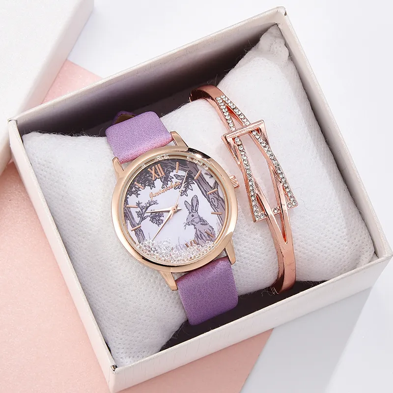 Dla kobiet wymienne dhinestones sukienka królicza damskie zegarek Purple kwarcowy zegar dropshipping ren