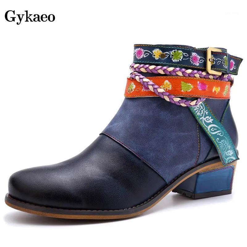 Buty gykaeo etniczne vintage ręcznie robione oryginalna skórzana kostka dla kobiet niebieska retro klamra bawełna bawełna zapatos de mujer