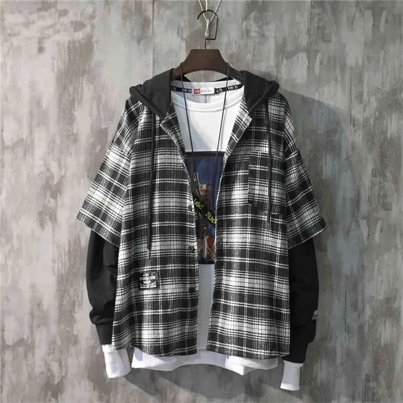 Fashion Autumn Hooded Collar Plaid Stitching Sweatshirt Men Japanese Drawstring Loose Casual Hoodies 9A145 210909