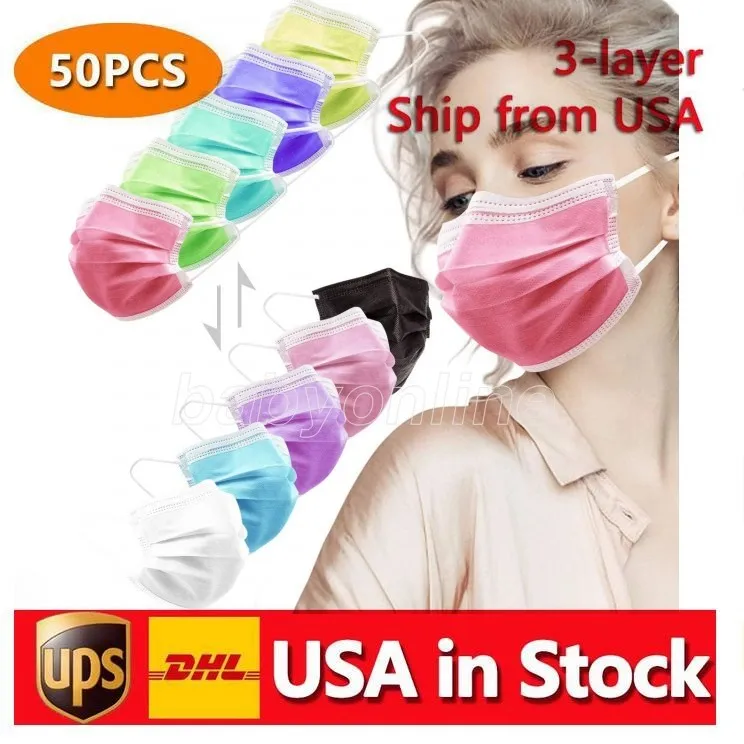US Stock Disposable mångfärgade ansiktsmasker Mjuk hudlåda Mask för kvinnor och män 3 lager Justerbart vuxenbarn