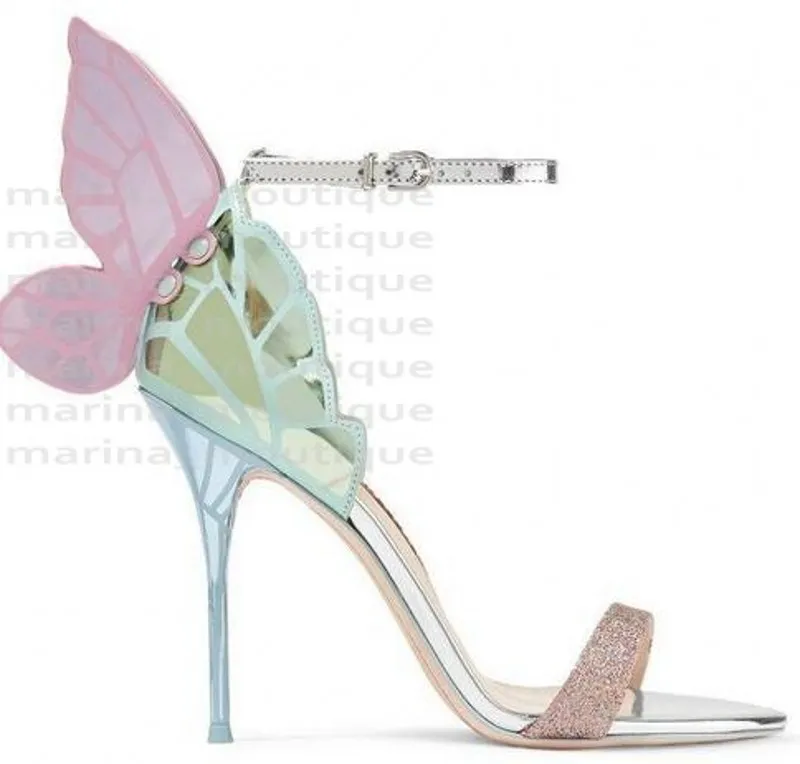 Sophia Webster Evangeline Angel Wing Sandalo Plus Taglia 42 Décolleté da sposa in vera pelle Scarpe con glitter rosa Sandali con farfalla da donna