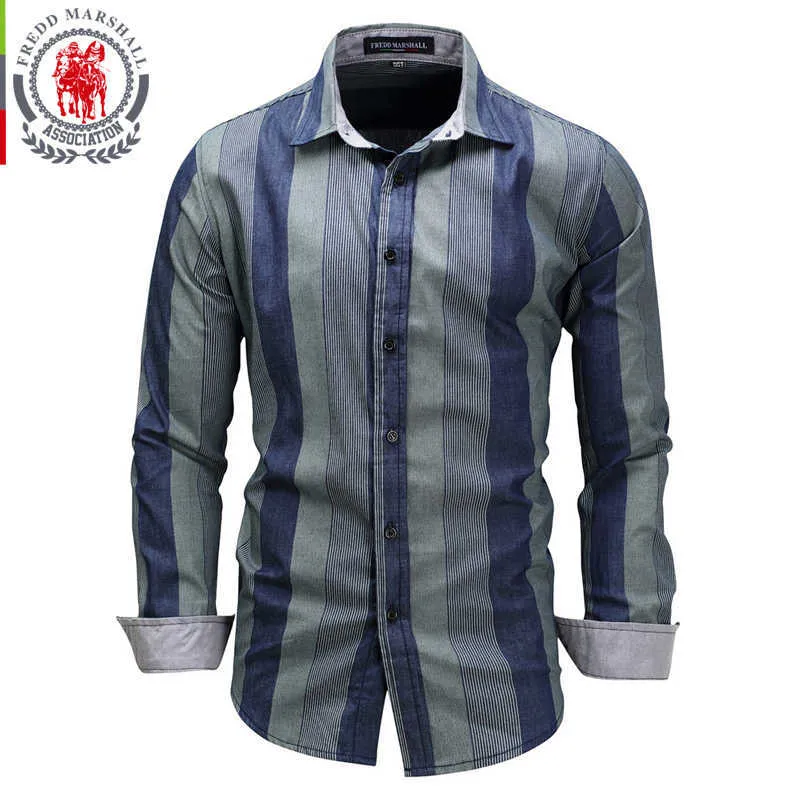 Fredd Marshall Marque Large Rayures verticales Chemise Hommes Casual 100% coton Camisa masculina Col rabattu Hommes Chemise FM077 210527