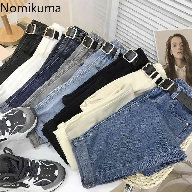 Nomikuma riem hoge taille jeans broek lente nieuwe vrouwen broek causale solid elegante demin harembroek mujer 6E864 210427