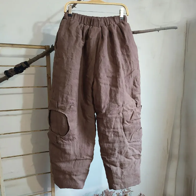 Johnature Femmes Vintage Pantalon large jambe taille élastique coton lin pantalon hiver poches épaisses chaud plus pantalon en coton 210521