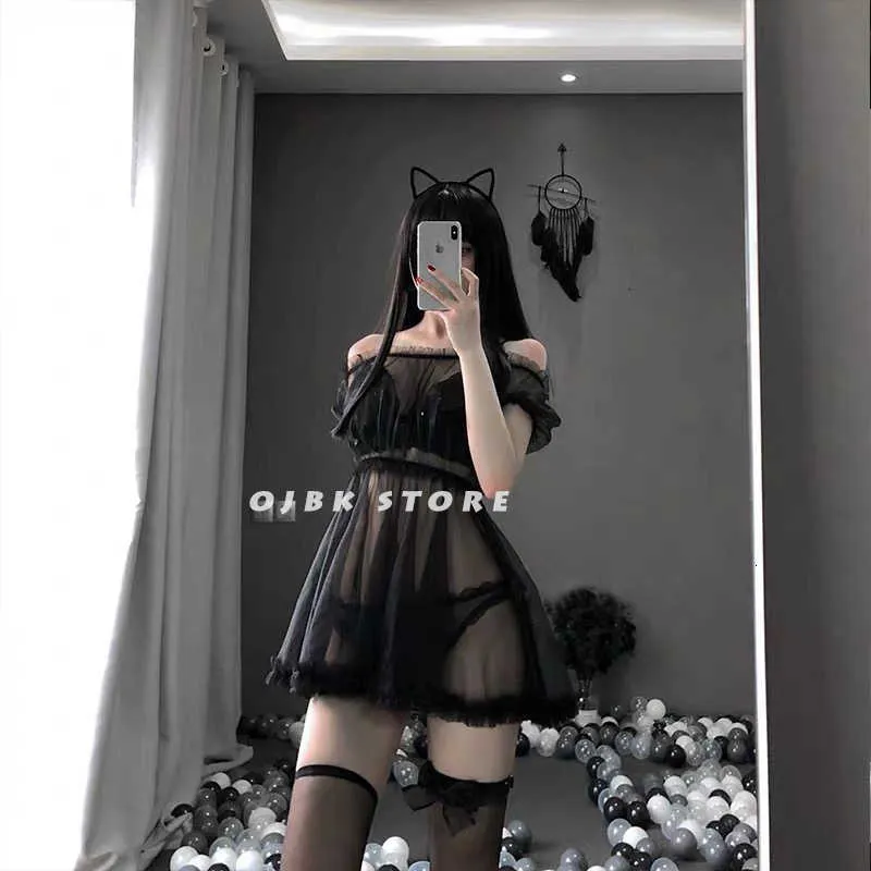 Sexy Lingerie Bunny Cosplay Nightdress Women Transparent Lace Set Black White Lovely Erotic Princess Sleepwear Lolita Dresses 210924