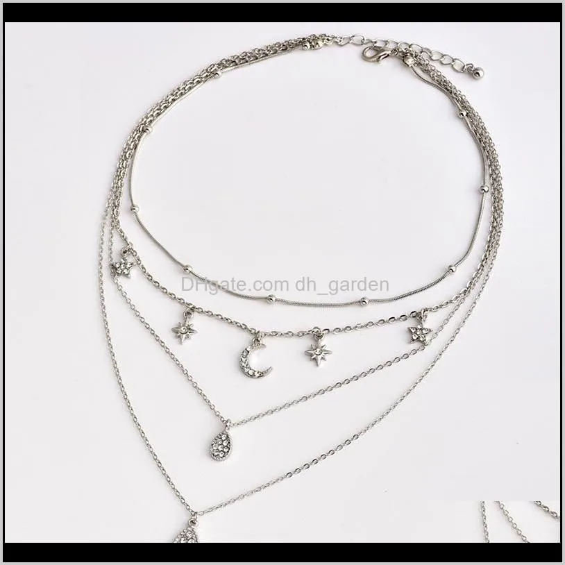 Silver Color Fashion New Arrival Full Moon Pentacle Drop Pendant Women`s Multi - Layer Necklace Jewelry Accessories