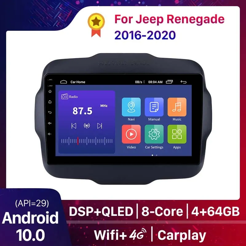 2GB RAM Android 10 Double Din Car DVD GPS Radio Player Jeep Renegade 2016-2020 멀티미디어 USB 블루투스 WiFi 1080P Aux