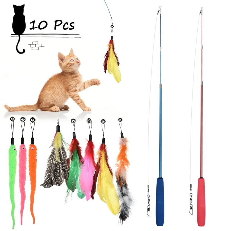 10st Cat Feather Tease Toys Kit Interactive Stick med Small Bell Kattunge Roligt Fiske Rodspel för katter Leaping 211122