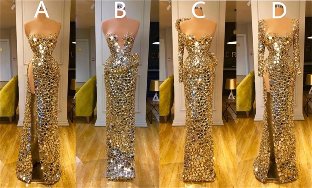 Luxo ouro formal vestidos de noite glitter lantejânias longas mangas sexy lado split split de mariée plus tamanho feito sob encomenda feitos mulheres sereia vestido de baile