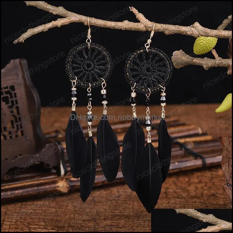 Bohemia Women`s Crystal Red Feather Tassel Earring 2021 Summer Indian Jewelry Tibetan Dream Catcher Dangle Wedding Earrings