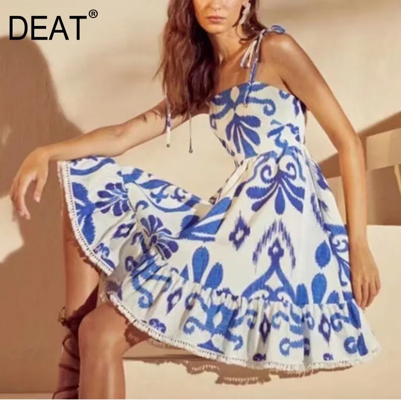 DEAT summer fashion women clothe straps slash color high waist knee length printed dress vacation vestido WR36905L 210428