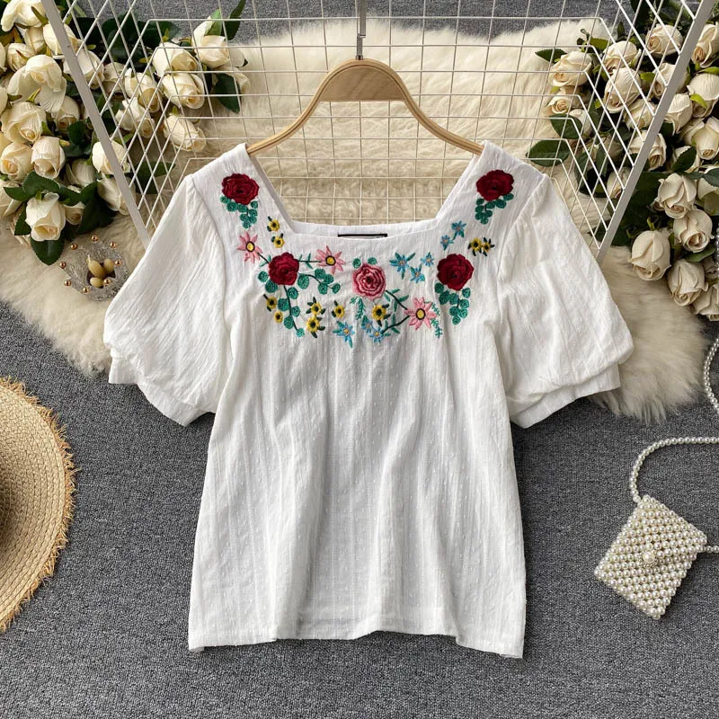 Mujer Blusa Camisa Cuello Cuadrado Estilo Étnico Bordado Flores