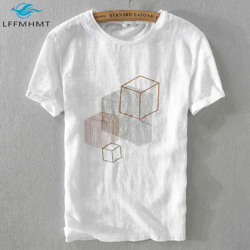 Männer Sommer T-shirts Hohe Qualität Baumwolle Leinen Kurzarm Geometrische Stickerei T Männlichen Japan Stil Einfache Chic Pullover Tops H1218