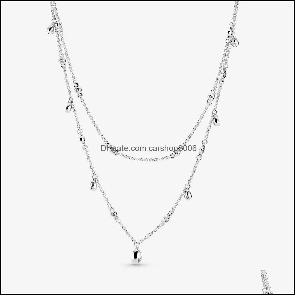 100% 925 Sterling Silver Layered Chains necklace Cascade of Drops Fit European Pendants and Charms Fine Jewelry Gift