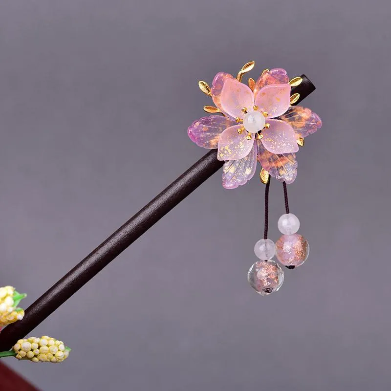 Simplicity Chinoiserie Powder Crystal Coloured Glaze Petal Hair Stick Dignified Comfortable Superior Quality Wooden Fork Clips & Barrettes