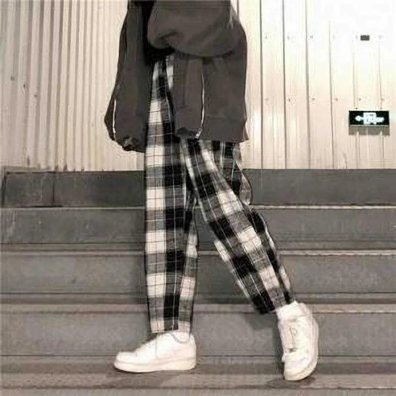 Livraison directe Harajuku pantalon à carreaux pour femmes pantalon 2021 Streetwear femme sarouel automne dames casual pantalon grande taille Q0801