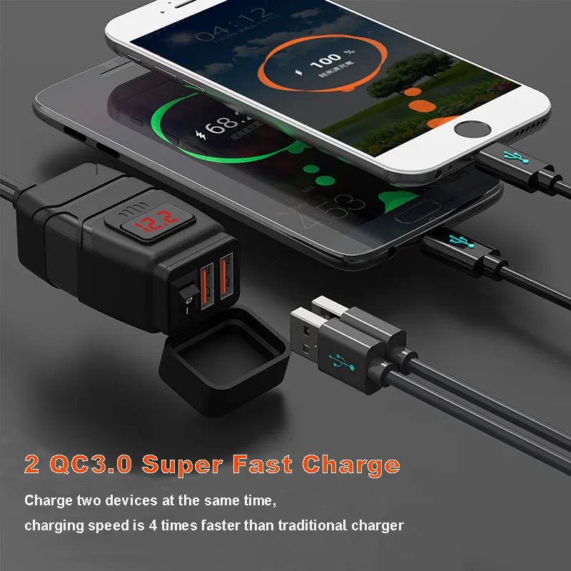 Chargeur Moto Double USB QC3.0 - Support Guidon, Charge Rapide Téléphone GPS, Universel 12V