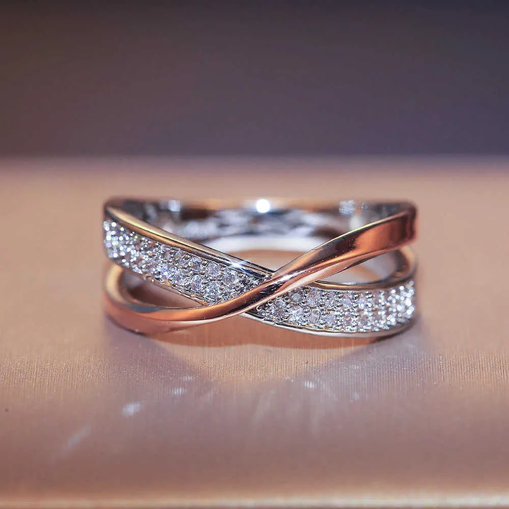 Nieuwste mode verse twee toon x vorm cross ring voor vrouwen mooie bruiloft trendy sieraden oogverblindende steen grote moderne ringen Q0717