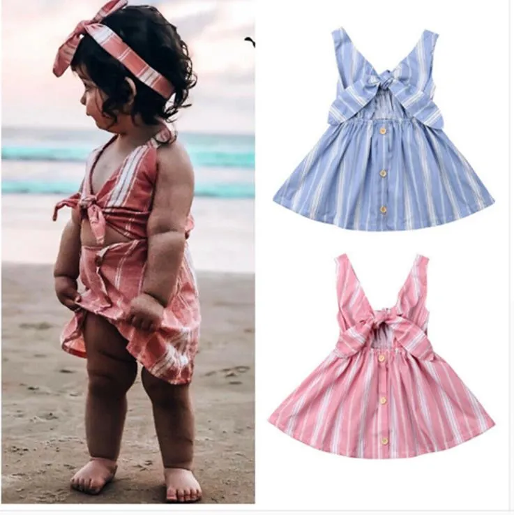 Bebek Kız Elbise Çizgili Kızlar Plaj Etek Kolsuz Yaylar Bebek Prensesler Elbise Toddler Tasarımcı Giyim Çocuk Giyim 2 Renkler DW3985