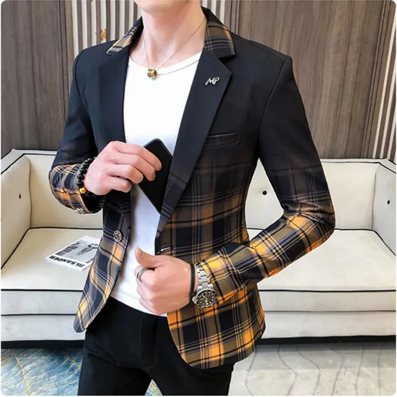 Våren Mens Plaid Blazer Fashion Business Casual Mens Slim Suft Jacka stor storlek Casual Banket Wedding Party Club Dress 5xl