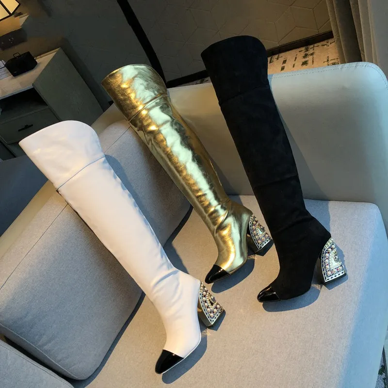 GOUD DIGH High Boots Crystal Long Boot Echte lederen mode Knight Boots Hoge dikke hak over de knieschoenen schoenen Woman7588722