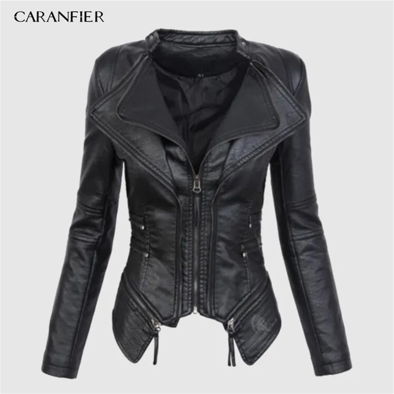 Caranfier höstkvinnor PU Läderjacka Faux Soft Coat Short Design Zipper Slim Black Motorcycle 211130