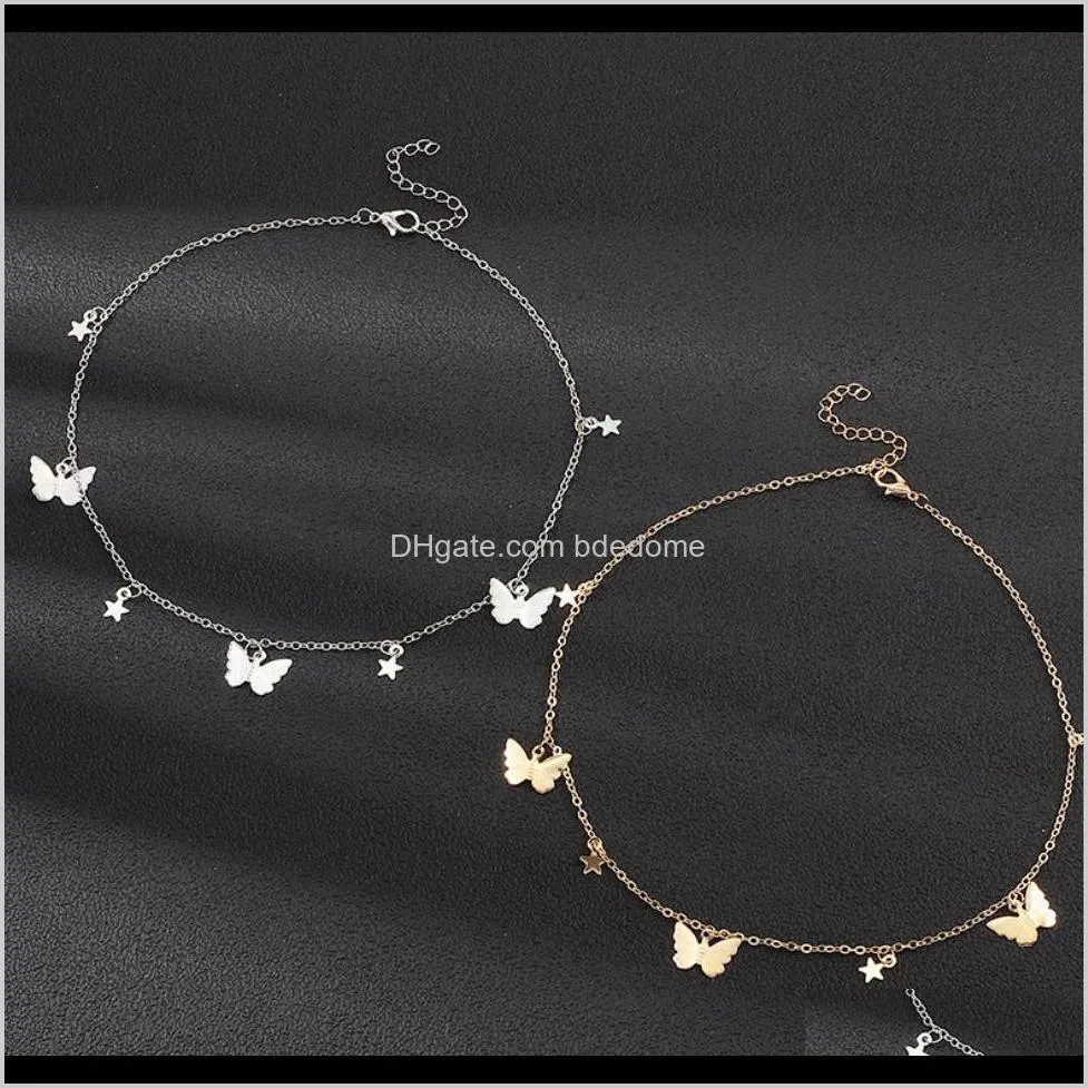 two layers necklace choker butterfly star bead pendant gold silver color plated alloy chain women 2020 fashion jewelry