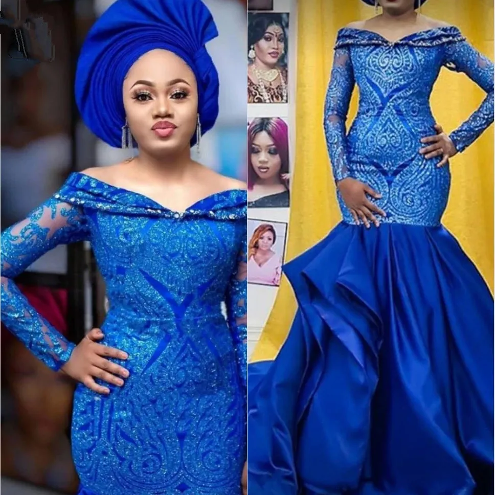 Aso Ebi Royal Blue Mermaid Evening Dress Long Sleeve Off Shoulder Shiny Lace Prom Dresses African Ruffled Skirt Formal Gowns Es Es es