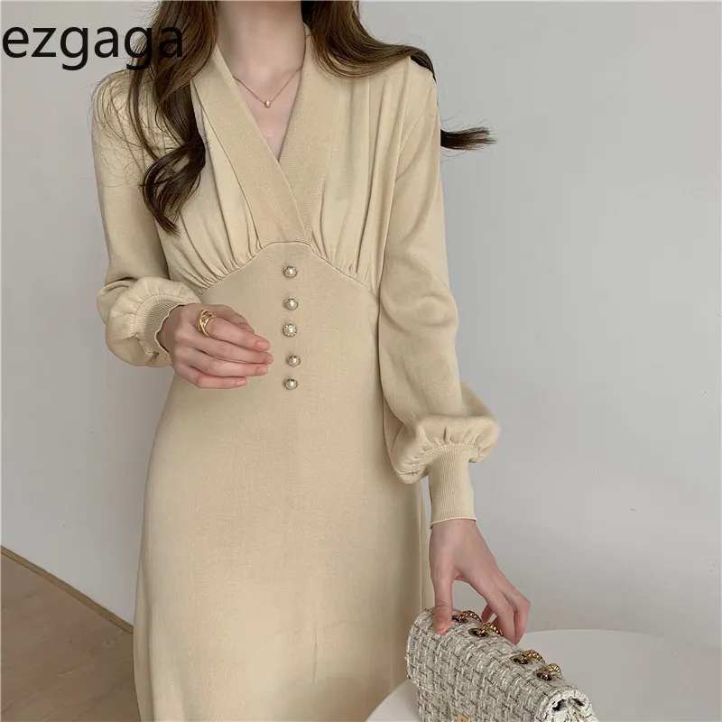 Ezgaga escritório senhora elegante vestido mulheres coreano moda v-pescoço longa manga bolinho primavera cintura alta tricotada vestidos vestidos 210430