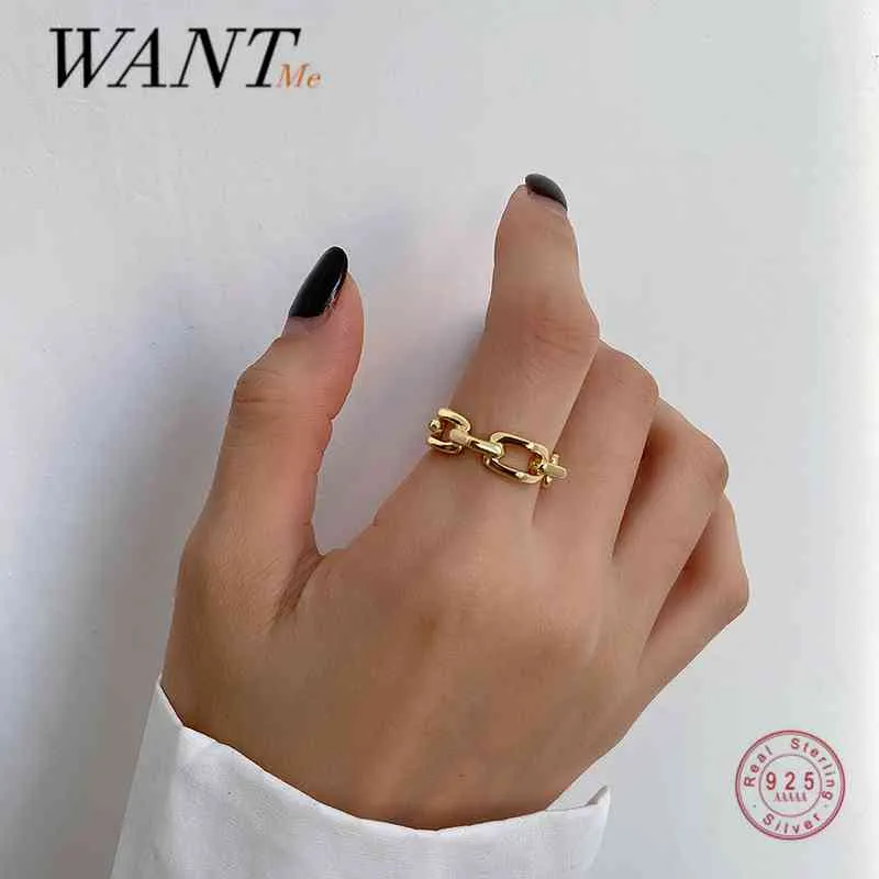 Wantme Echte 925 Sterling Silber 18k Gold Punk Hip Hop Link Kette Offene Ring für Mode Frauen Rock Männer Party Schmuck 210507