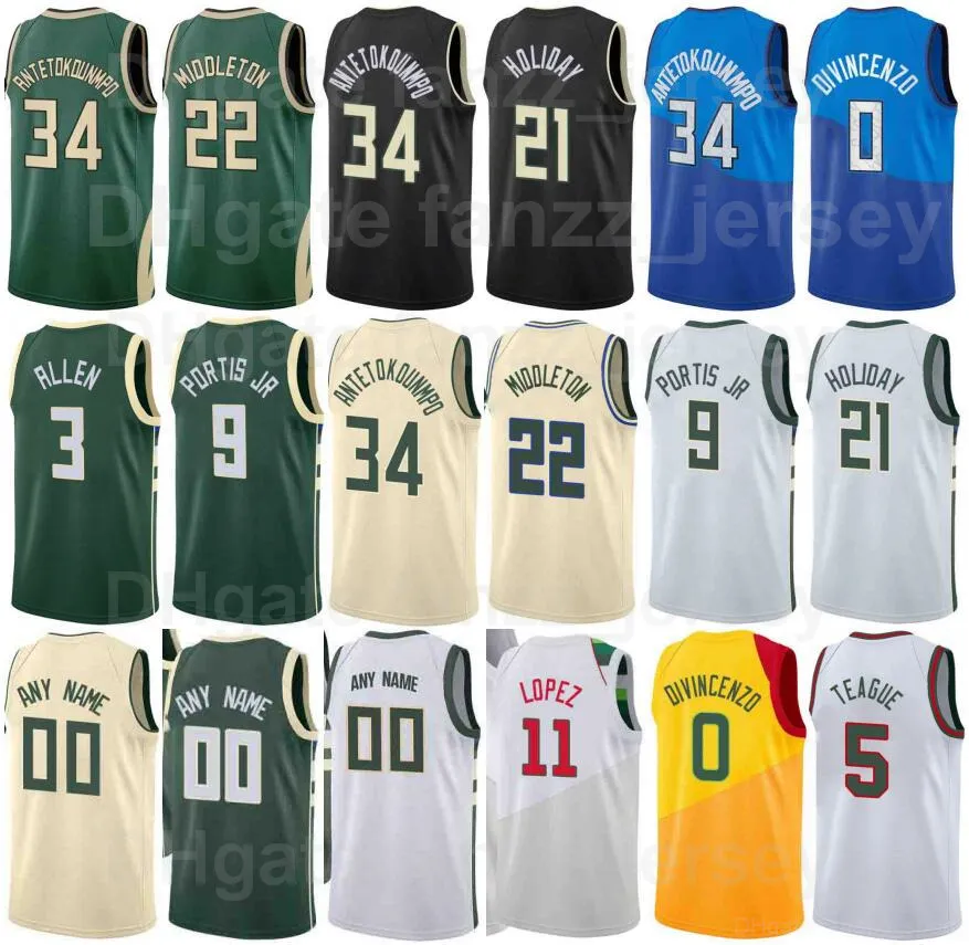 Skärmtryckt NWORA Basketball Jersey 13 Thanasis antetokounmpo 43 Grayson Allen 7 Jeff Teague 5 Elijah Bryant Khris Middleton 22 Jrue Semester 21 Män Kvinna Kids