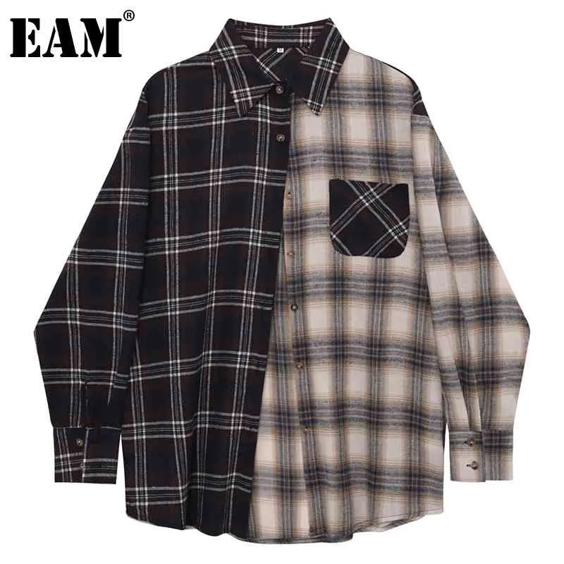 [EAM] blusa a cuadros con bolsillo empalmado negro para mujer, camisa holgada de manga larga con solapa, moda primavera otoño 1DD6910 21512