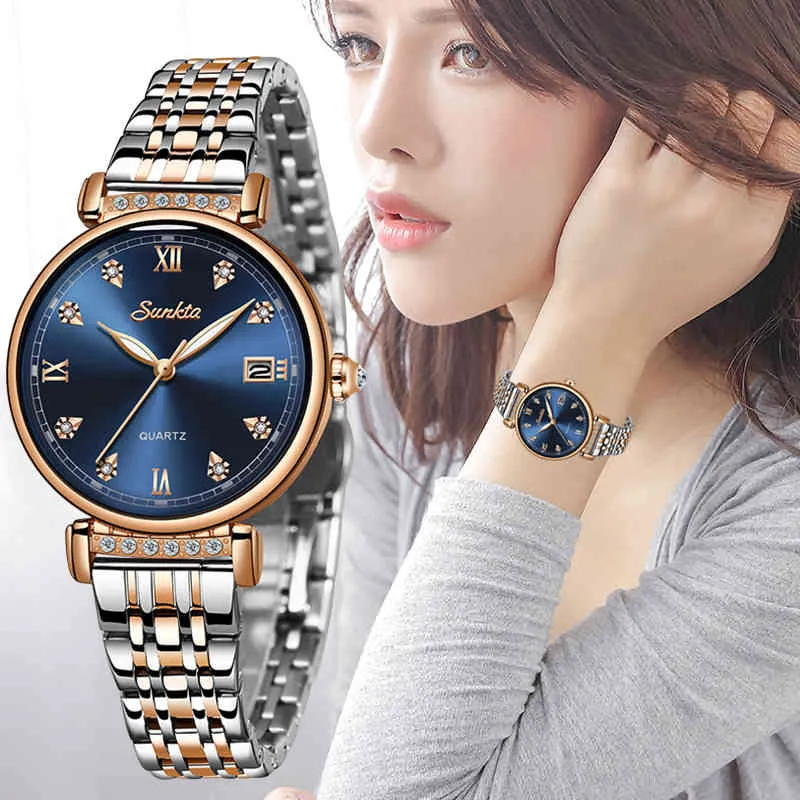 Sunkta Rose Gold Women Watches Senhoras Fashion Simple Quartz Watch Mulheres Top Marca Luxo Relógio Feminino Relogio Feminino 210517